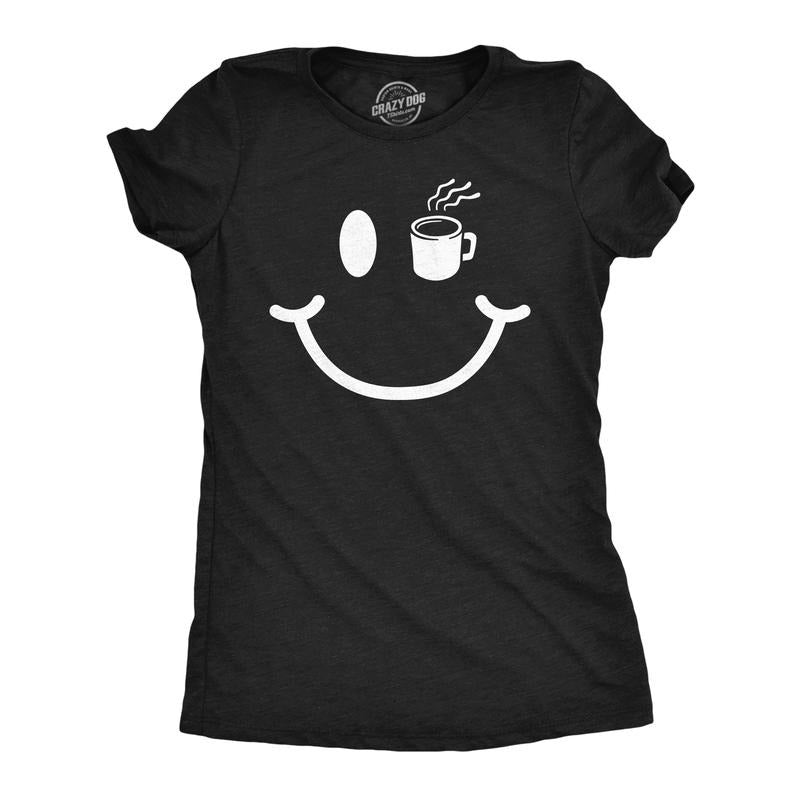 Womens Coffee Cup Smiling Face Funny T Shirt Caffeine Graphic Tee For Ladies Funny Womens T Shirts Cute Slimming Top...
