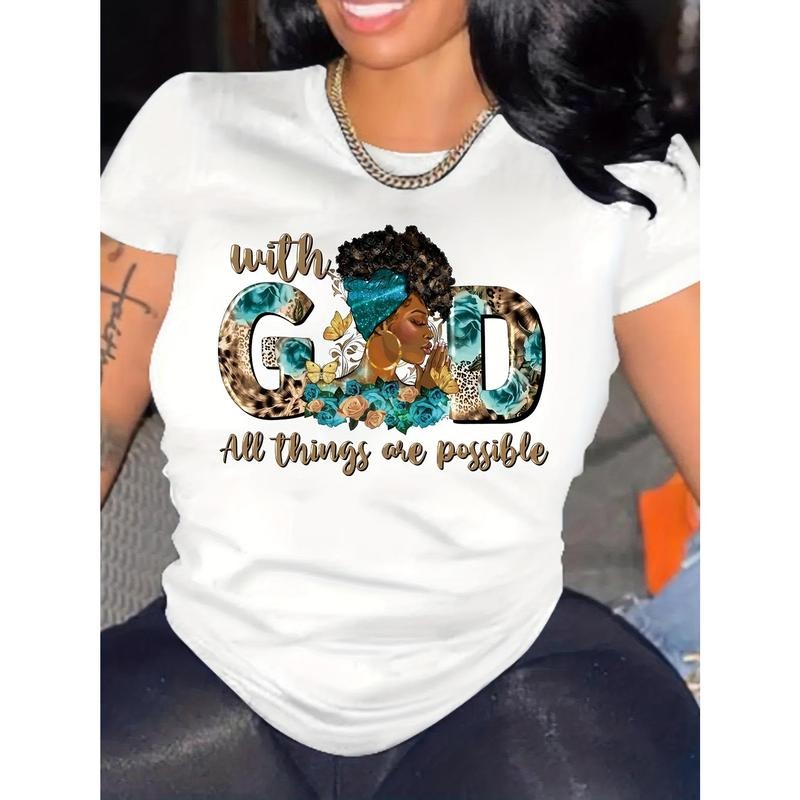 Womens Fashionable Cartoon GOD Print T-Shirt - Comfortable Crew Neck, Short Sleeves for Spring & Summer - Eye-Catching...