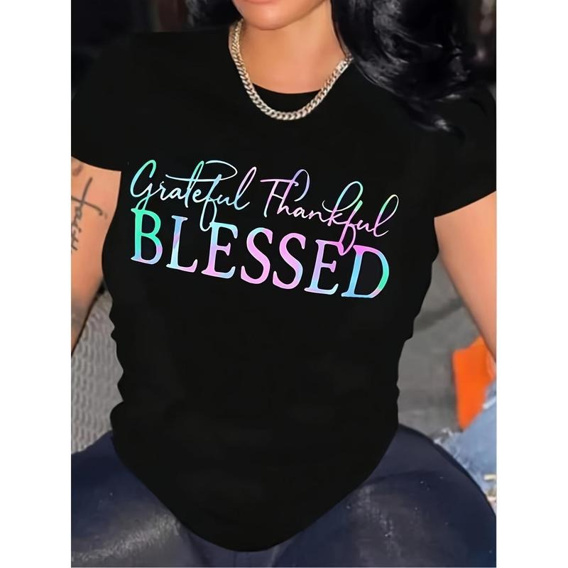 Womens Fashionable Letter Print Crew Neck T-Shirt - Casual, Comfortable Short Sleeve Top for Lightweight Spring & Summer...