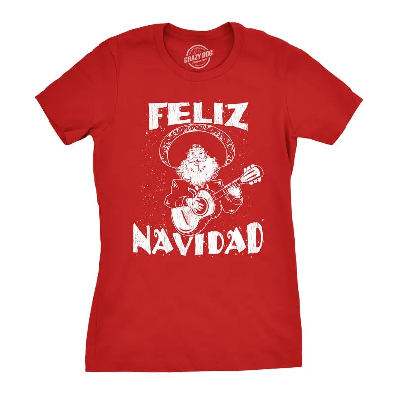 Womens Feliz Navidad T Shirt Funny Guitar Mexican Santa Claus Christmas Tee Funny Womens T Shirts Cute Slimming Top...