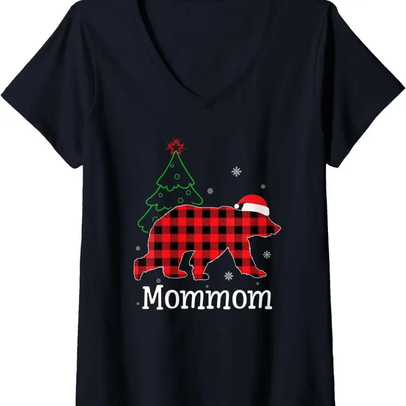 Womens Funny Xmas Red Plaid Mommom Bear Ugly Christmas Sweater V-Neck T-Shirt Hoodie, Sweatshirt | UrbanDripWear.com