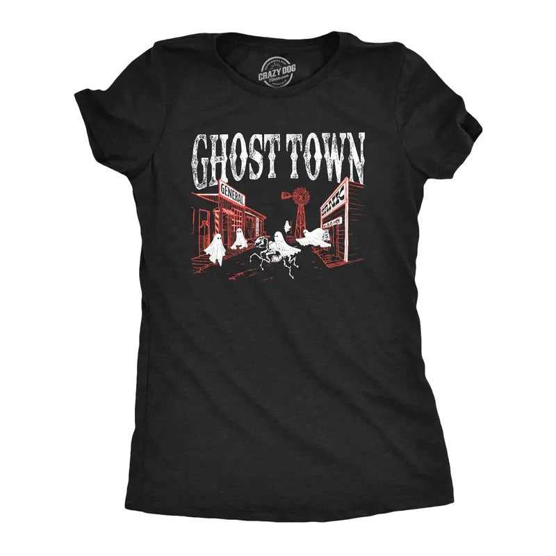 Womens Ghost Town T Shirt Funny Halloween Bed Sheet Ghosts Joke Tee for Ladies Funny Womens T Shirts Cute Slimming Top...