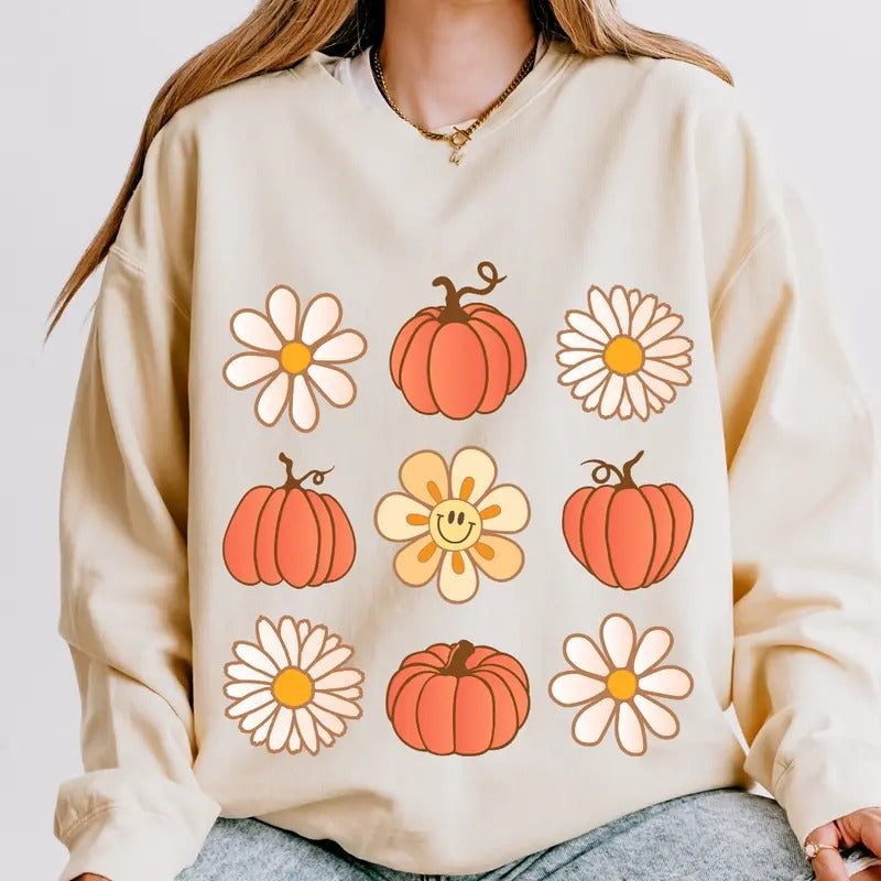 Womens Graphic Fall Shirt, Pumpkins and Flowers Shirt, Spooky Season Graphic shirt, Halloween Unisex Cotton T-shirt,...