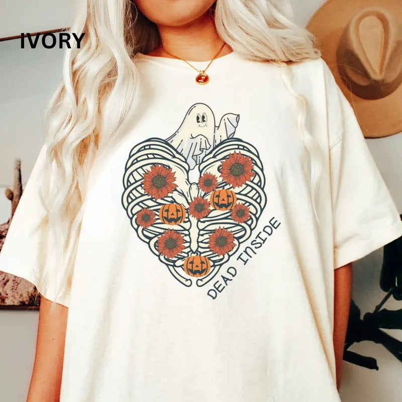 Womens Graphic Halloween Shirt,  Dead Inside heart Shirt, Spooky Ghost Shirt, Fall shirt, Comfort Colors Halloween Shirt,...
