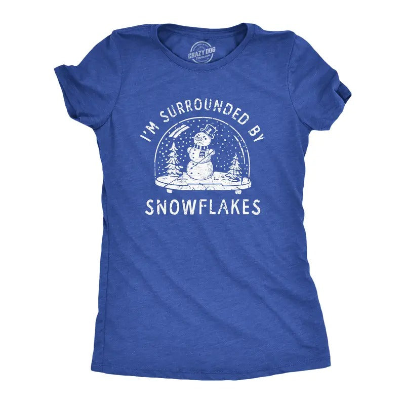 Womens Im Surrounded By Snowflakes T Shirt Funny Winter Snowman Snow Globe Tee For Ladies Funny Womens T Shirts Cute...