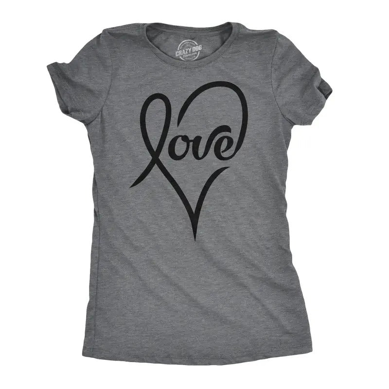Womens Love Cursive Heart Design Cute Graphic Novelty Valentines Day T shirt Funny Womens T Shirts Cute Slimming Top...