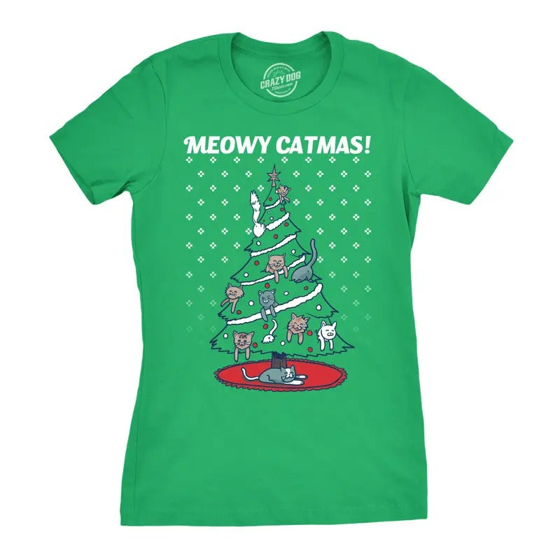 Womens Meowy Christmas Cat Shirt Tree Ugly Merry Crazy Funny Gift Sweater Funny Womens T Shirts Cute Slimming Top...