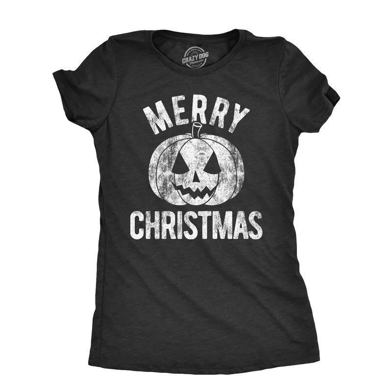 Womens Merry Christmas T Shirt Funny Halloween Pumpkin Jack O Latern Joke Tee for Ladies Funny Womens T Shirts Cute...