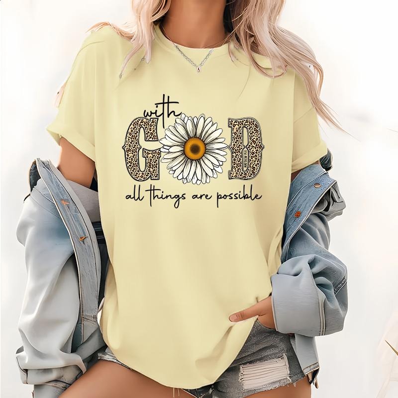 Womens Print T-shirts, With All Things Are Possible With God Tops, Faith T Shirts, Christian Shirts, Religious Gift style...