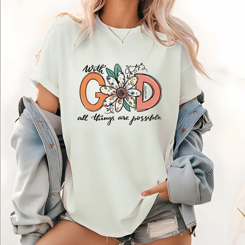 Womens Short Sleeve Print T-shirts, With All Things Are Possible With God Tops, Faith Tee, Christian Shirts, Religious...