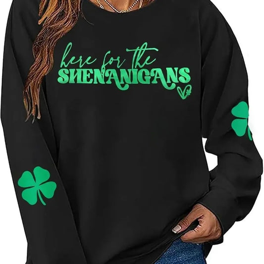 Womens St Patrick's Day Sweatshirt Shenanigans Coordinator Shirt Shamrock Clover Printed Long Sleeve Pullover Tops