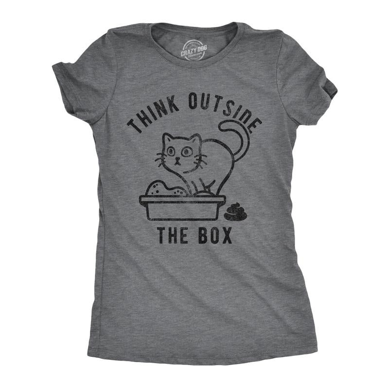 Womens Think Outside The Box Funny Cat T-Shirt Hilarious Graphic Cool Saying Top Funny Womens T Shirts Cute Slimming Top...