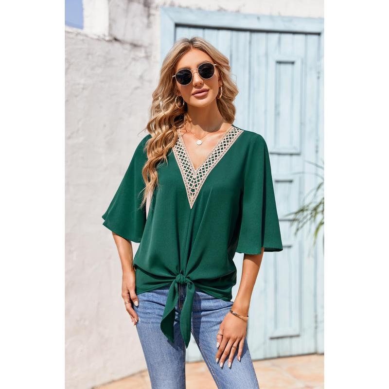 Womens V Neck Chiffon Work Tops Long Lantern Sleeve Tie Knot Front Business Blouses Shirts, Royal Blue, XX-Large Hoodie,...