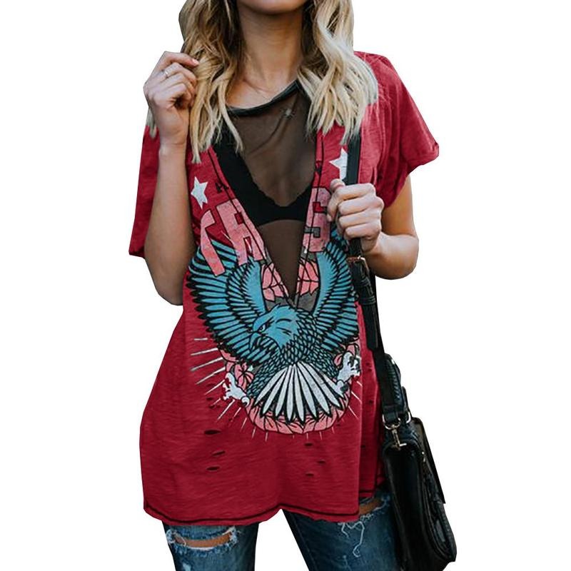 Womens V Neck Sexy T Shirts Mesh Sheer Punk Print Hole Short Sleeve Tops Hoodie, Sweatshirt | UrbanDripWear.com