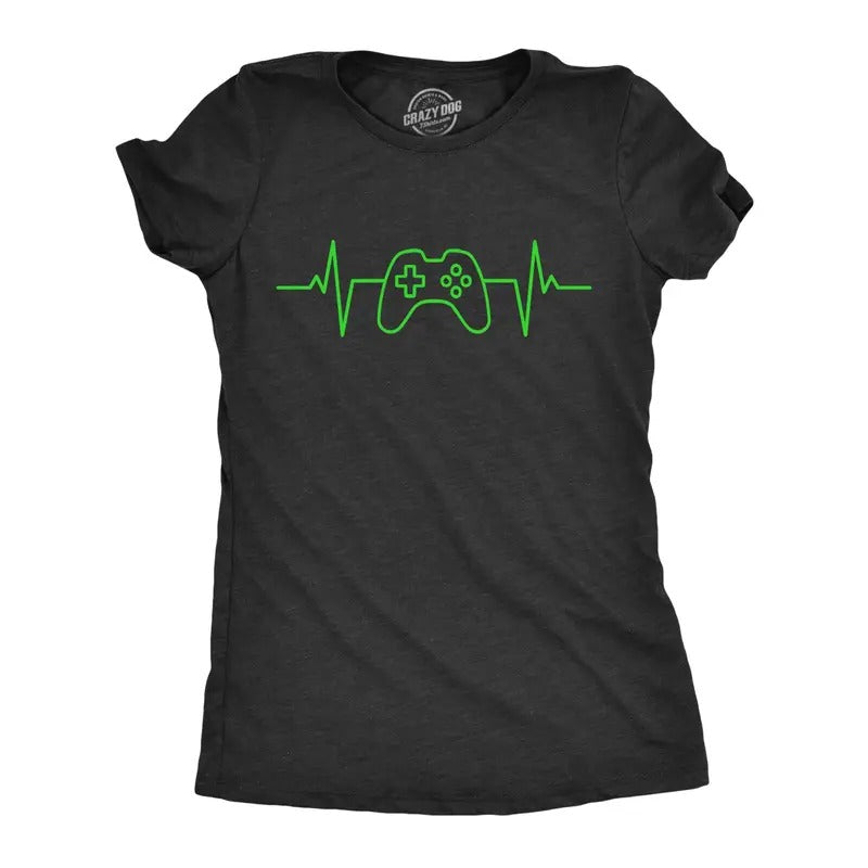 Womens Video Game Heart Beat T Shirt Funny Cool Controller Pulse Monitor Tee For Ladies Hoodie, Sweatshirt