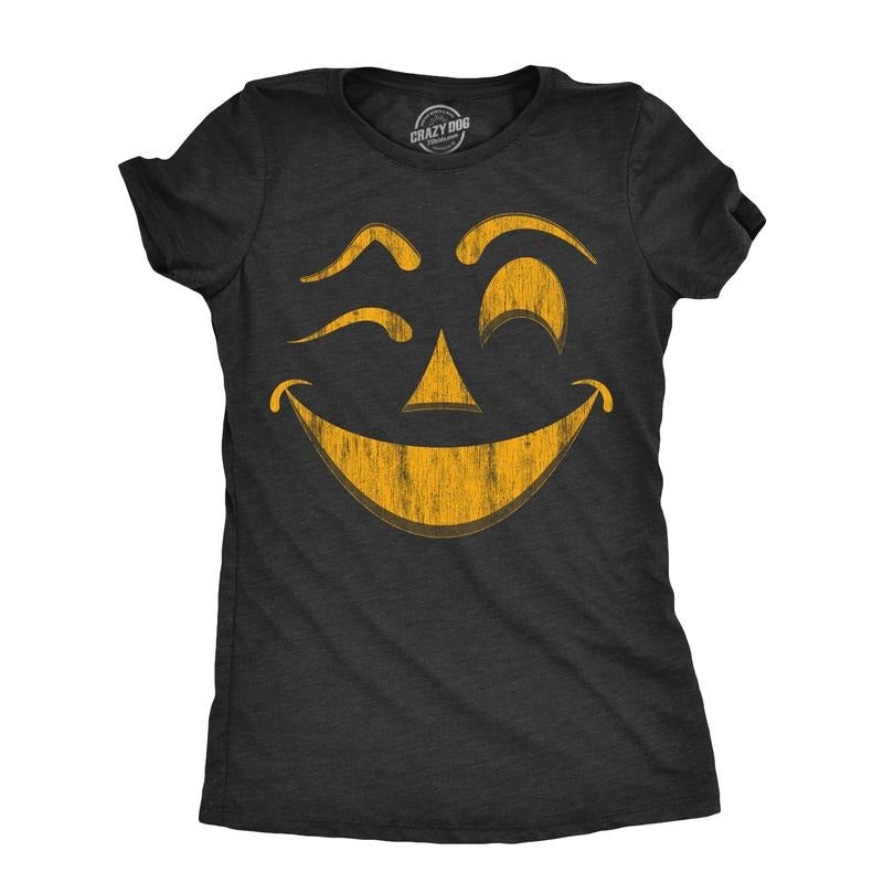 Womens Winky Warren Pumpkin T Shirt Funny Halloween Jack O Lantern Unsettling Smile Tee For Ladies Funny Womens T Shirts...