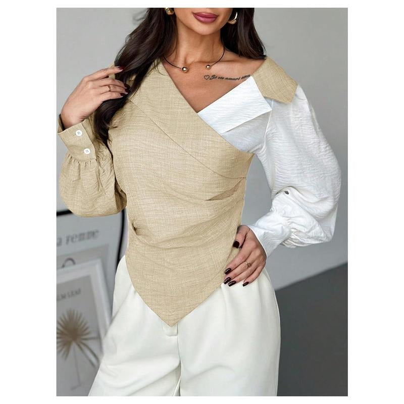 Work Fall Blouse Color Block Lantern Sleeve V Neck Tops Ruched Wrap Business Casual Shirt Hoodie, Sweatshirt