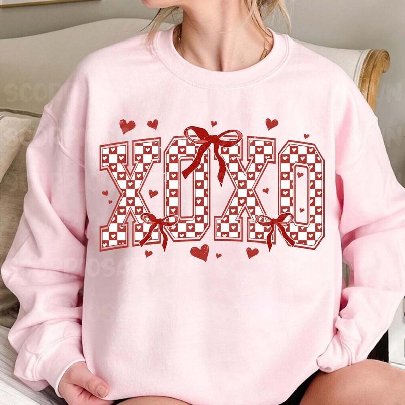 XOXO Checkered Sweatshirt, Checkered Varsity Sweatshirt, Retro Valentine , Valentines Coquette Bow Sweatshirt, Valentine...