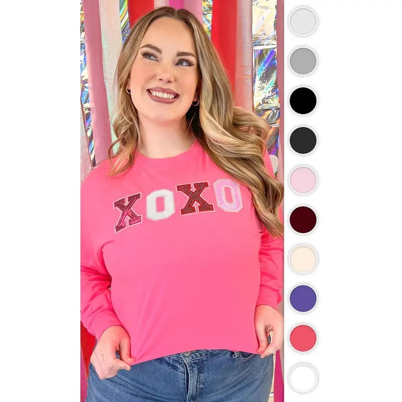 XOXO Sequin Valentine Graphic Long Sleeve T-Shirt Hoodie, Sweatshirt | UrbanDripWear.com