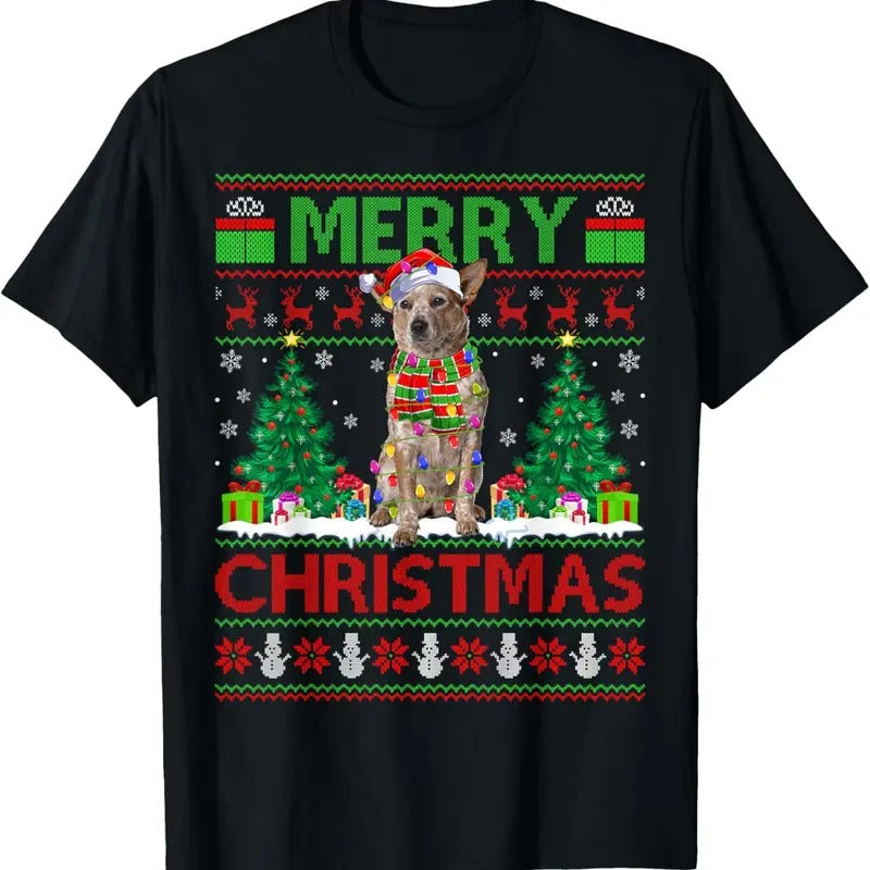 Xmas Tree Lights Ugly Santa Australian Cattle Dog Christmas T-Shirt Hoodie, Sweatshirt | UrbanDripWear.com