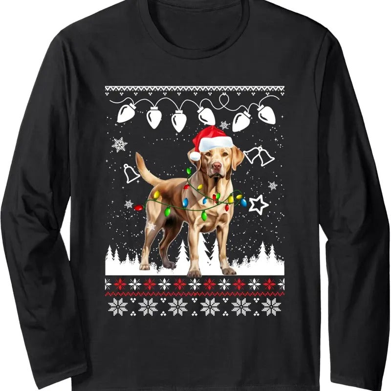 Xmas Ugly Sweater Christmas Lights Labrador Retriever Dog Long Sleeve T-Shirt Hoodie, Sweatshirt | UrbanDripWear.com