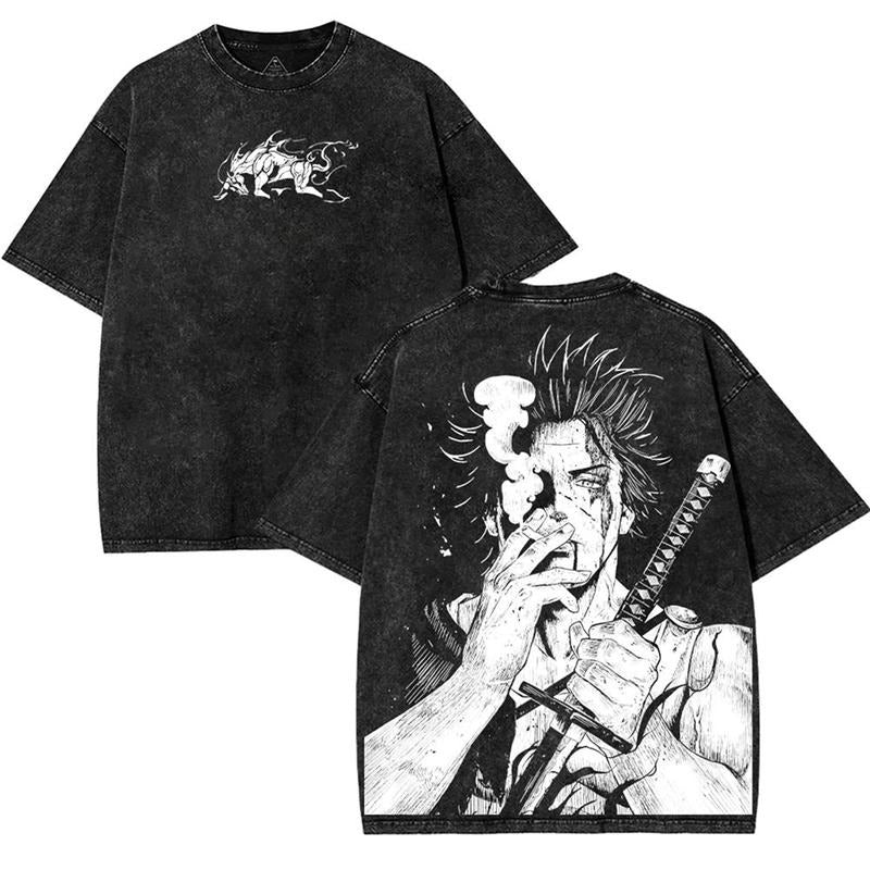 Yami Sukehiro x Black Bulls Black Clover Anime Double Printed Vintage Washed Tee Unisex Heavyweight Cotton T-shirt for...