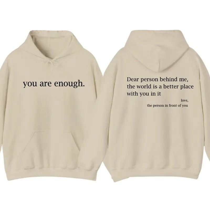 You Are Enough 2 Sided Hoodie T-Shirt, Men's Letter Print Pocket Drawstring Graphic, Spring Fall Menswear Sweatshirt
