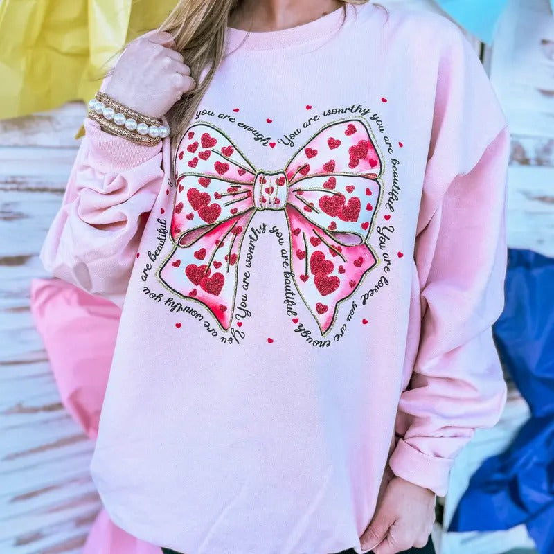 You Are Loved Coquette Unisex NuBlend Crew Sweatshirt Girly Bow AFFIRMATION T-Shirts, Hoodie | UrbanDripWear.com