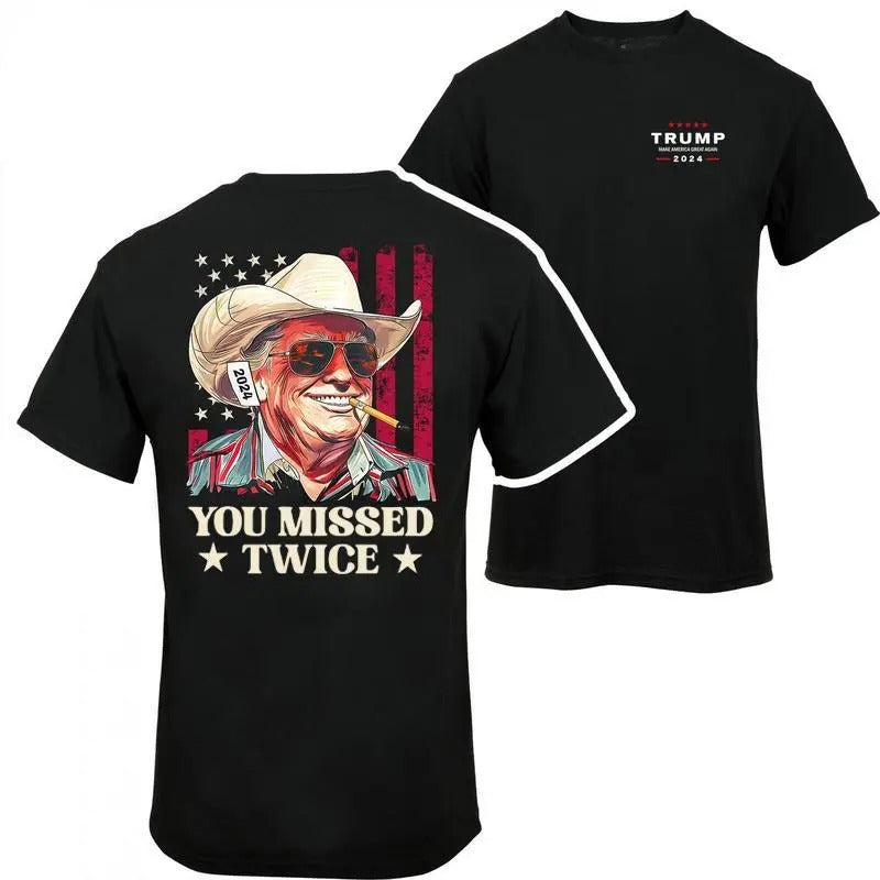 You Missed Twice Trump Shirt - Western Trump Cowboy You Missed Flag Back T-shirt - 2 Side - Trendy Styles Available -...