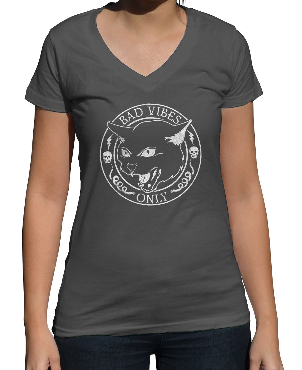 Women's Bad Vibes Only Vneck T-Shirt - Goth Shirt - Black Cat Shirt