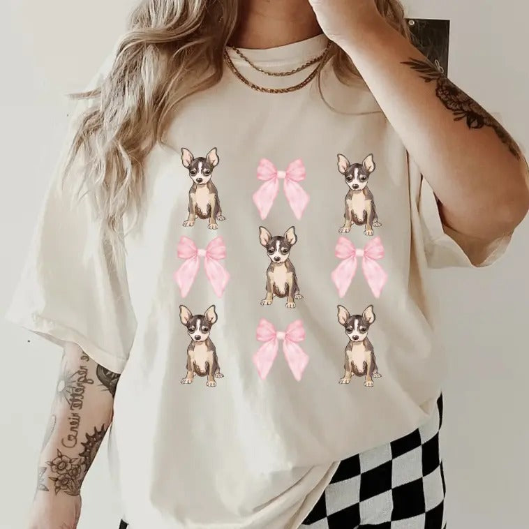 brown chihuahua with bows Shirt ~ Unisex Apparel Relaxed Fit Printed In The USA Clothing Womenswear Casual Comfort Cotton...
