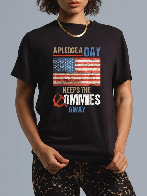 cotton A Pledge A Day Keeps The Commies Away American Flag Shirt T-Shirt casual Fashion graphic tees women Hoodie, Sweatshirt