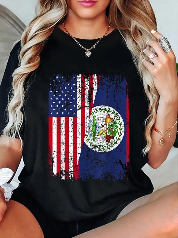 cotton BELIZEAN ROOTS | Half American Flag | USA BELIZE FLAG T-Shirt casual Fashion graphic tees for women Hoodie, Sweatshirt