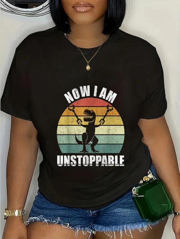 cotton Catch Some Rays Retro Now I Am Unstoppable Funny T-Rex Women's Black T-Shirt casual Fashion graphic tees for women...