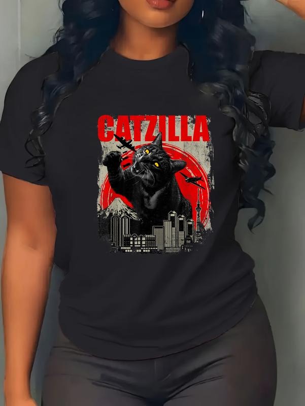 cotton Catzilla - Funny Cat Lover Kitten Kitty Short Sleeve T-Shirt Small casual Fashion graphic tees for women Hoodie,...