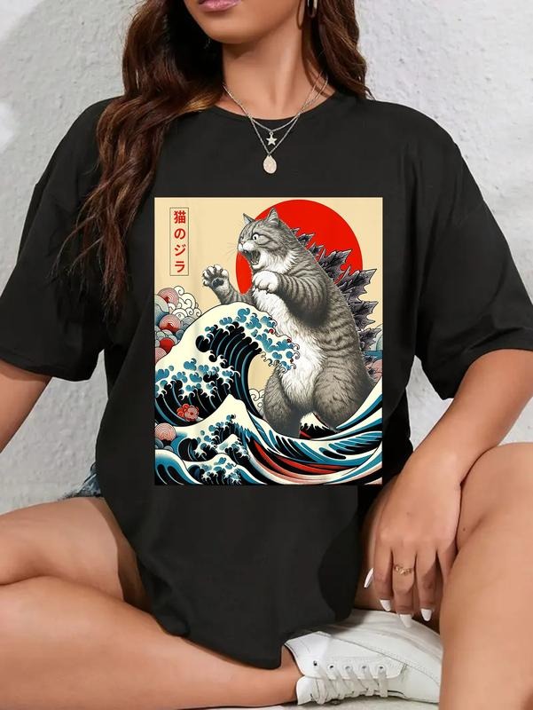 cotton Catzilla Cat Japanese Art Funny Cat Gifts For Men Women Kid T-Shirt casual Fashion graphic tees for women Hoodie,...