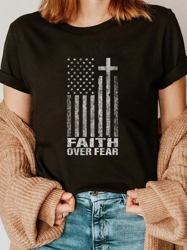 cotton Faith Over Fear Cool Christian Flag Cross for Men Women Kids Short Sleeve T-Shirt casual Fashion graphic tees...
