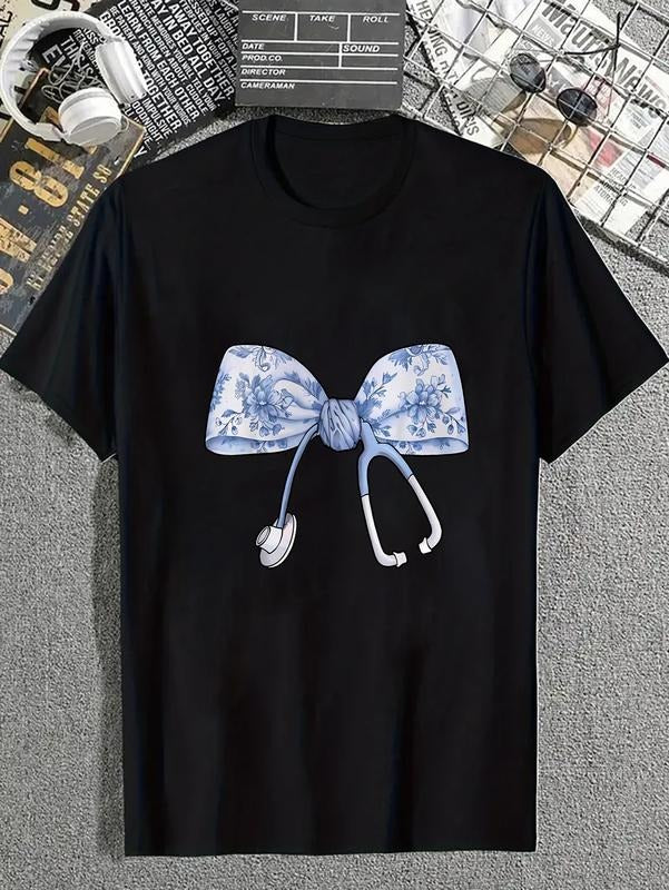 cotton Floral Cute Blue Coquette Bow Stethoscope Registered Nurse T-Shirt casual Fashion graphic tees for women Hoodie,...