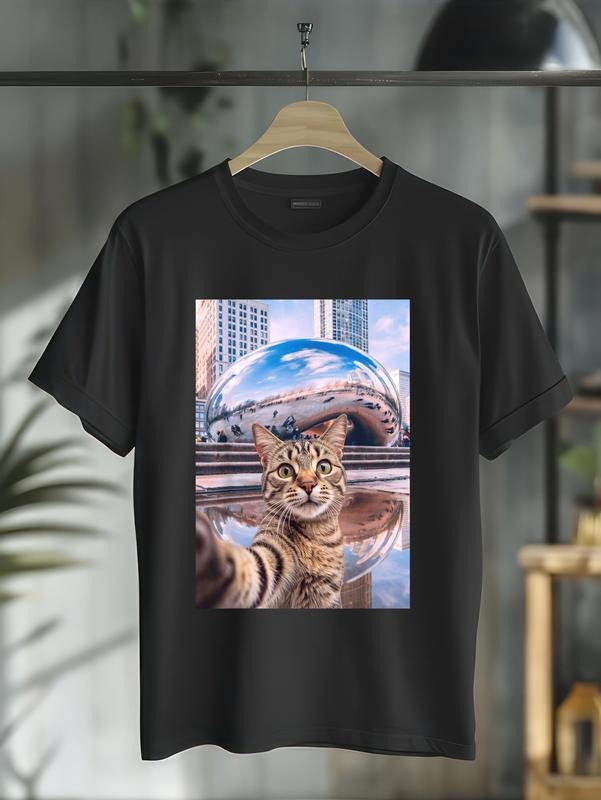 cotton Funny Cat Selfie Chicago Bean Cloud Gate T-Shirt casual Fashion graphic tees for women Hoodie, Sweatshirt