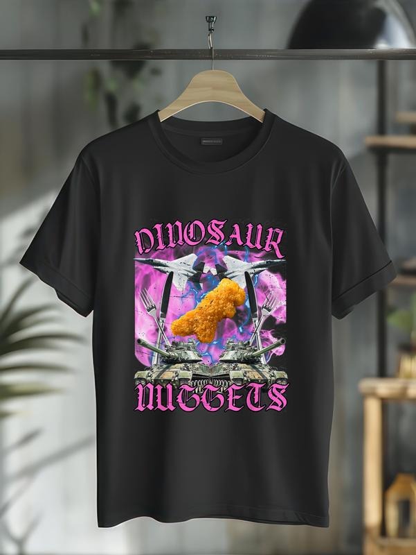 cotton Funny Dinosaur Chicken Nugget Bootleg Hardcore Flames Meme T-Shirt casual Fashion graphic tees for women Hoodie,...