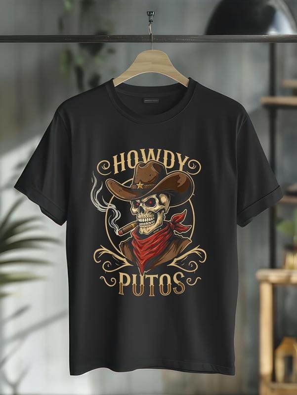 cotton Funny Skull Howdy Putos Spanish Slang, Western Cowboy Skull T-Shirt casual Fashion graphic tees for women Hoodie,...