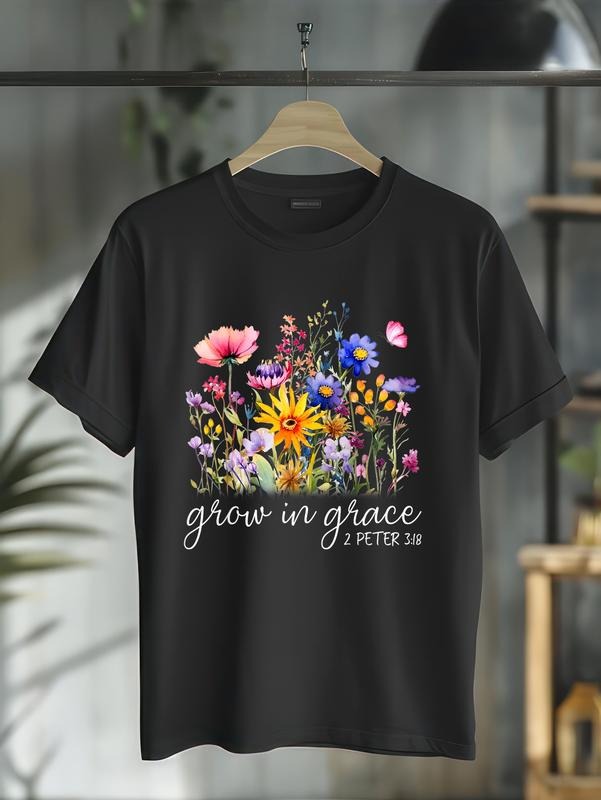 cotton Grow In Grace Wildflower Boho Christian Scripture Religious T-Shirt casual Fashion graphic tees for women Hoodie,...