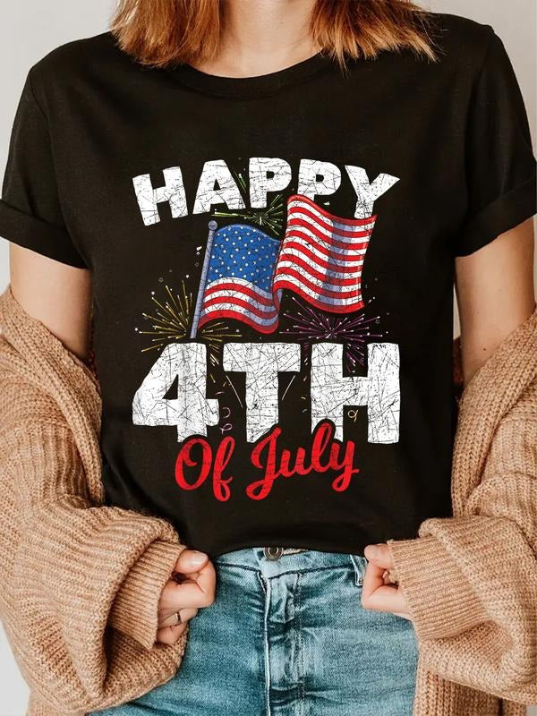 cotton Happy 4th Of July Patriotic American US Flag 4th Of July T-Shirt casual Fashion graphic tees for women Hoodie,...