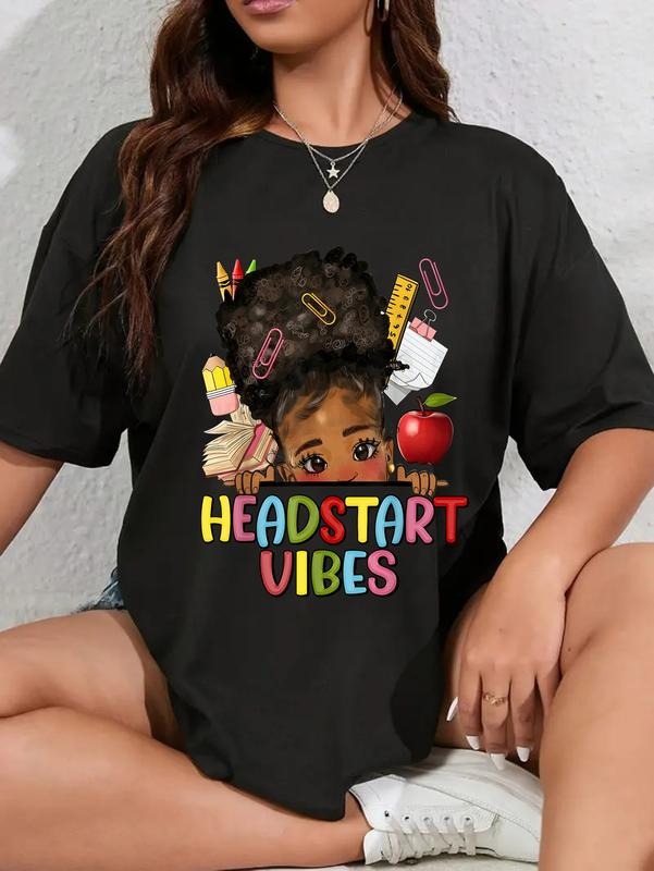 cotton Headstart Vibes Messy Bun Teacher back to school Afro Girls T-Shirt casual Fashion graphic tees for women Hoodie,...