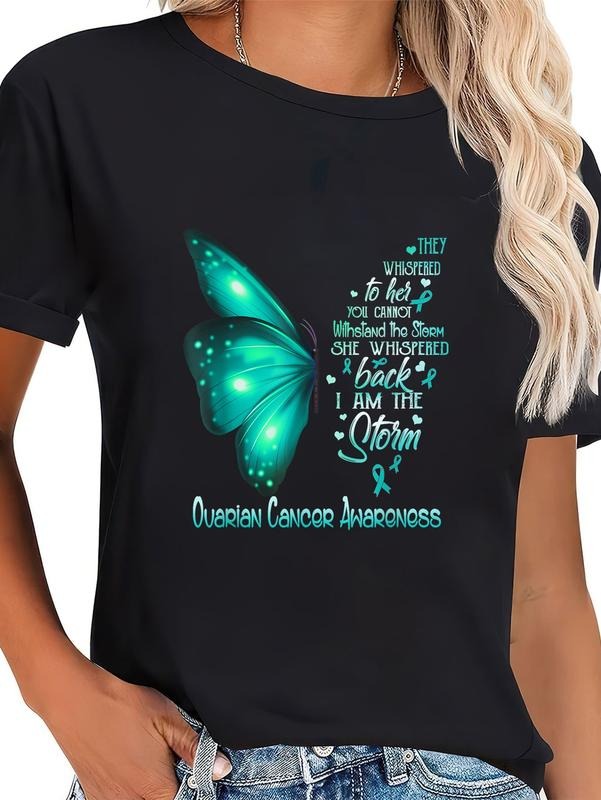cotton I am the storm Ovarian Cancer Awareness Butterfly T-Shirt casual Fashion graphic tees women Hoodie, Sweatshirt