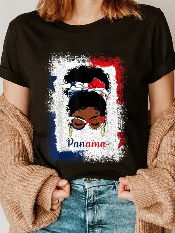cotton Messy Bun Panamanian Panama Flag Womens Woman Girl T-Shirt casual Fashion graphic tees women Hoodie, Sweatshirt