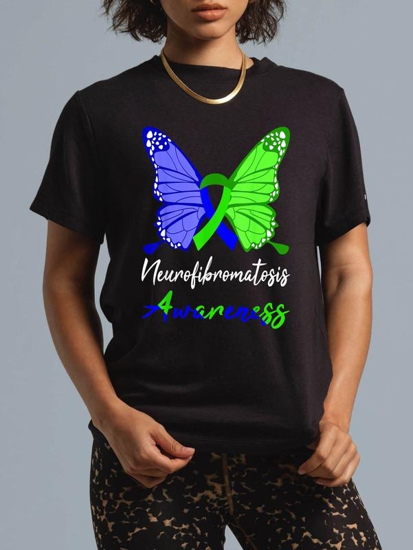 cotton Neurofibromatosis Awareness Butterfly Blue & Green Ribbon T-Shirt casual Fashion graphic tees women Hoodie, Sweatshirt