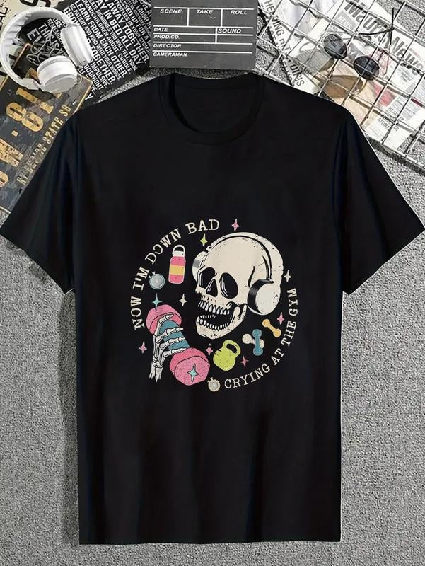 cotton Now I'm Down Bad Crying At The Gym Skeleton Workout Gymer T-Shirt casual Fashion graphic tees for women Hoodie,...