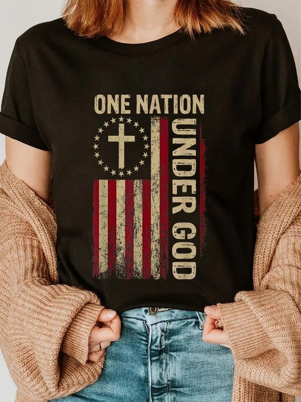 cotton One Nation Under God Flag 4th Of July Patriotic Christian T-Shirt casual Fashion graphic tees women Hoodie, Sweatshirt