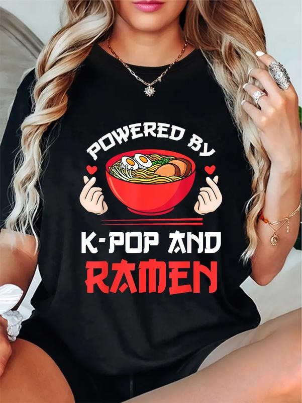 cotton Powered by K-pop and Ramen Kpop Merch Merchandise Gift T-Shirt Fashion printing Tshirt for women Hoodie, Sweatshirt